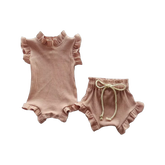 Baby Girls Short Sleeve Romper 2 piece Set, Soft Waffle Cotton.